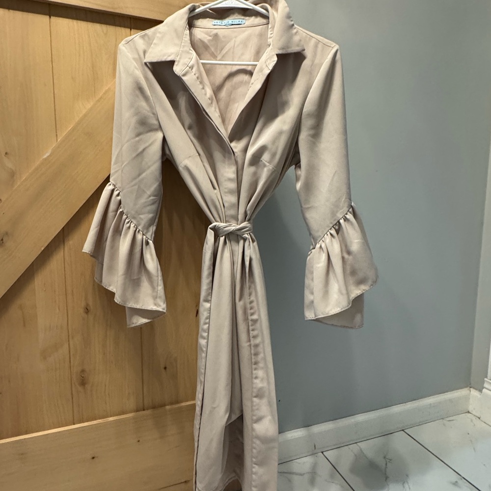 ANTONIO MELANI Beige Tie-Waist Ruffle Sleeve Dress